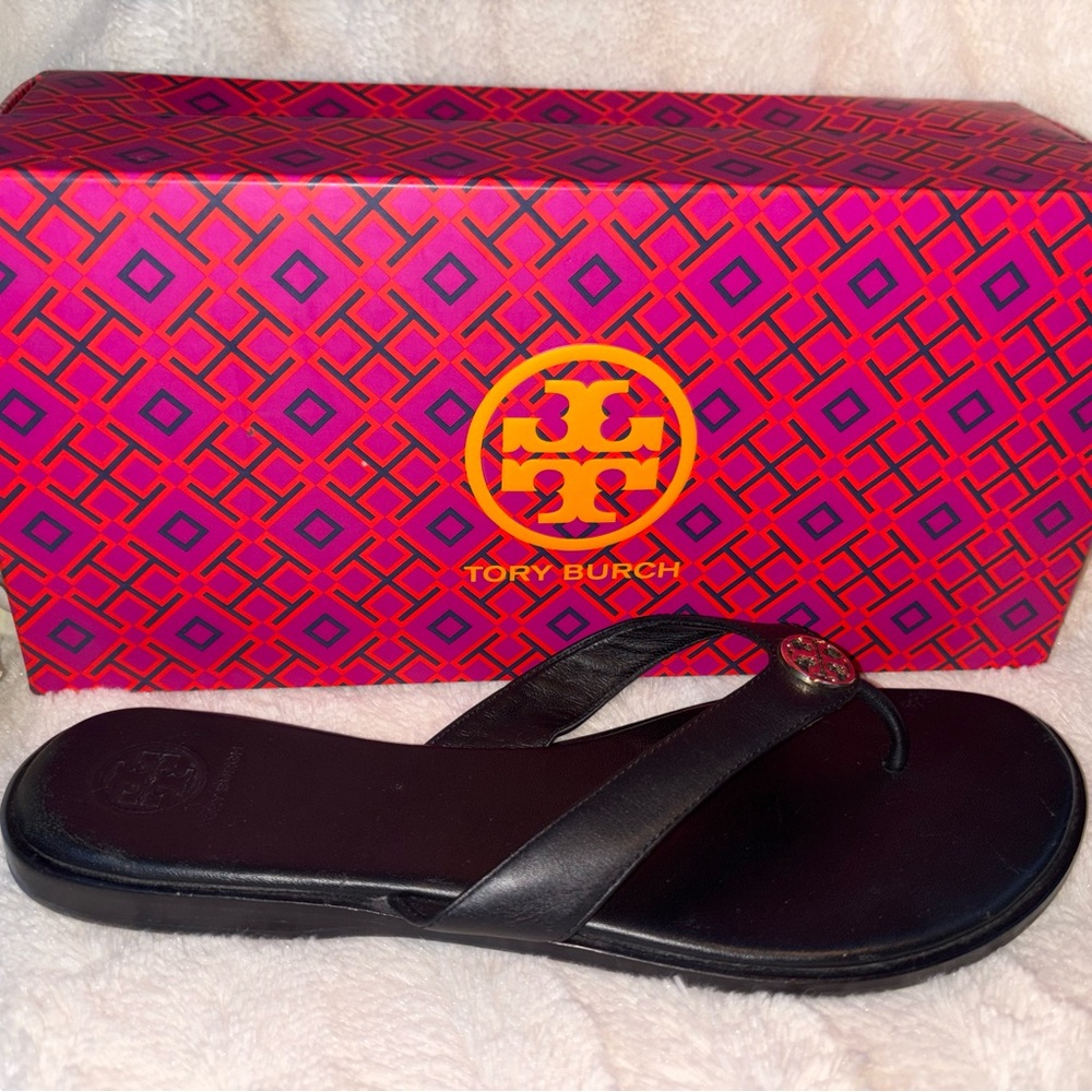Tory Burch Black Leather Logo Thong Sandal size 10